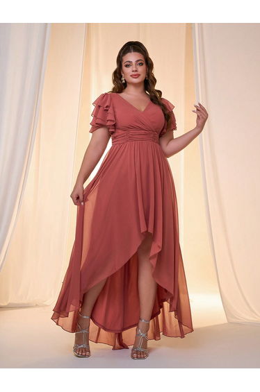 Leely Plus Women's Elegant V-Neck High-Low Chiffon Bridesmaid Dress