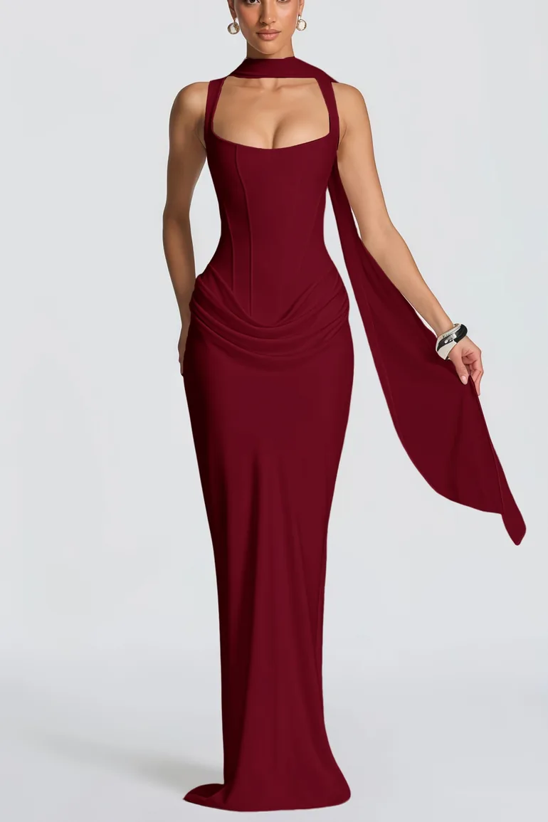 Paulette Red Ruched Corset Maxi Dress - 2