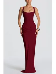 Paulette Red Ruched Corset Maxi Dress - 1