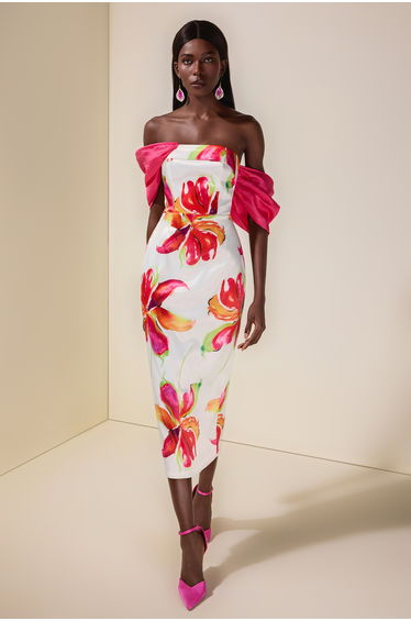 Floral Off-Shoulder Slit Midi Dress