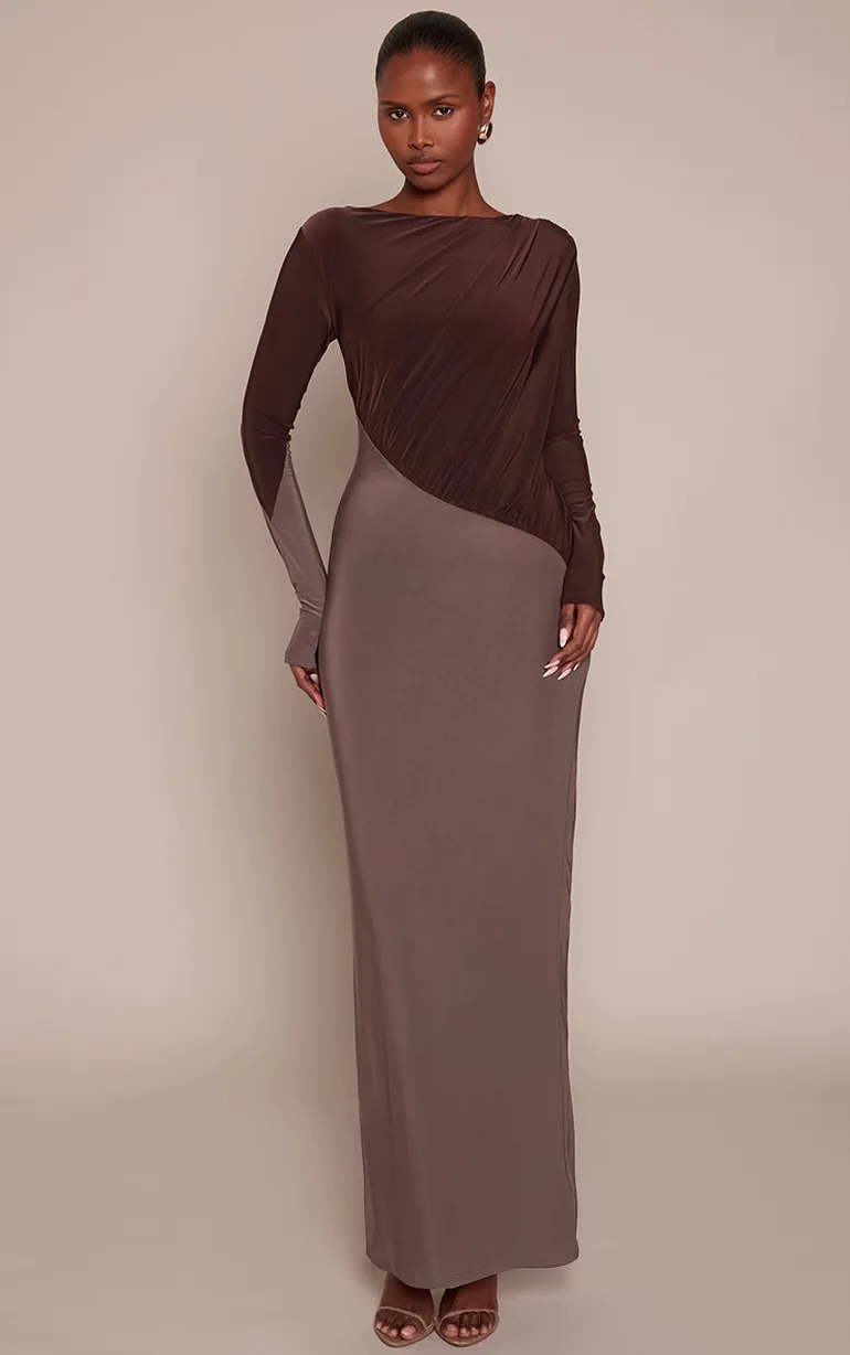 Chocolate Slinky Contrast Panel Long Sleeve Maxi Dress Prettylittlething Multicolour : Evening Dresses : VogaCloset Oman Chocolate Slinky Contrast Panel Long Sleeve Maxi Dress Prettylittlething Multicolour : Evening Dresses : VogaCloset Oman