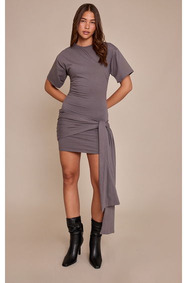 Grey Tie Wrap Short Sleeve Bodycon Dress