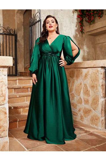 Leely Plus Women's Elegant V-Neck Satin Evening Gown
