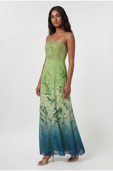 Embellished Ombre Floral Pleated Woven Bandeau Maxi Dress