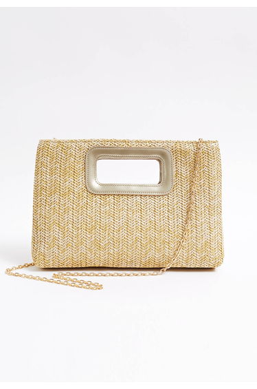 Square Shape Cutout Braided Straw Clutch