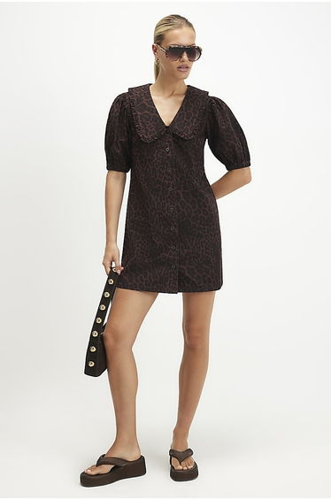 Brown Denim Leopard Print Shirt Dress