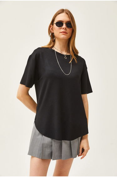 Women's Black Modal Touch Soft Textured Six Oval T-Shirt