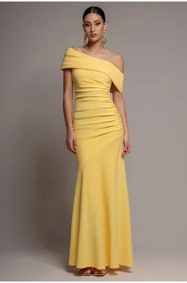 Pleated One Shoulder Bardot Fit And Flare Maxi Dress - Butter Yellow by Goddiva