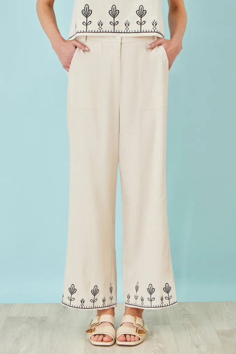 Yumi Ivory Linen Mix Embroirdered Trousers - 3
