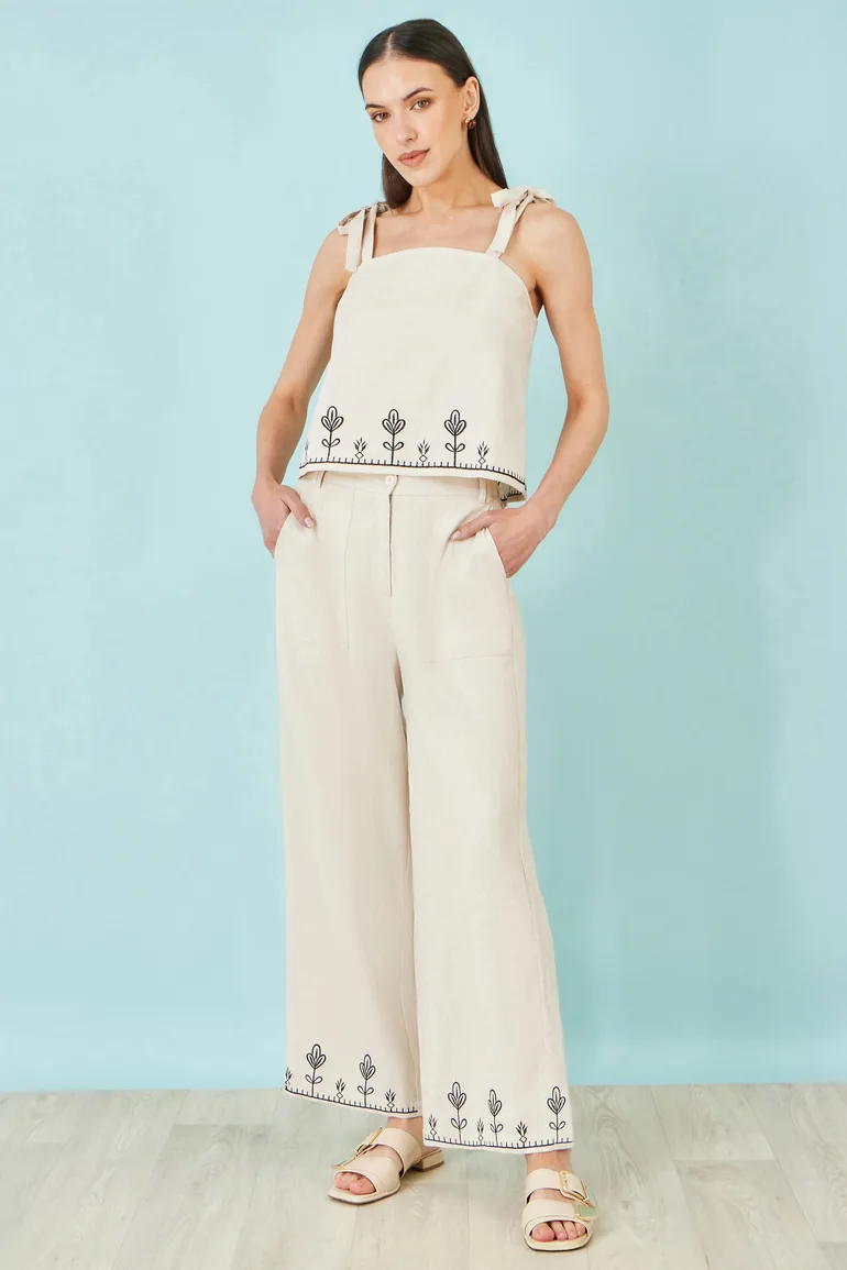 Yumi Ivory Linen Mix Embroirdered Trousers - 1