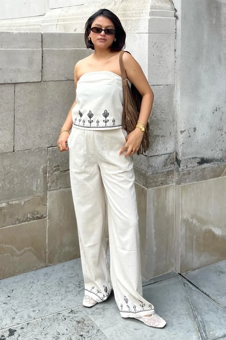 Yumi Ivory Linen Mix Embroirdered Trousers
