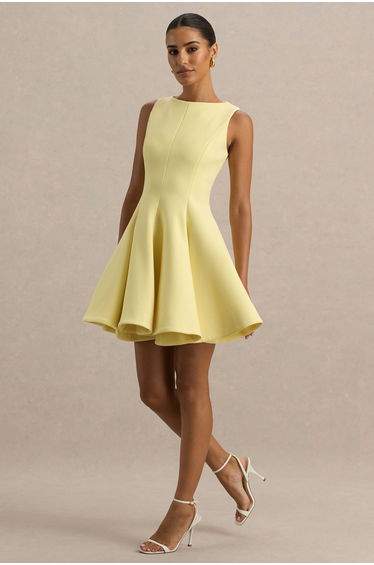 Gabrielle | Lemon Boat-Neck Mini Dress With Ruffling Detail
