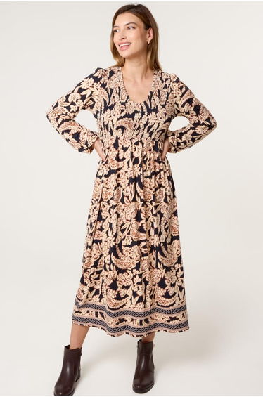 V Neck Shirred Border Print Midi Dress
