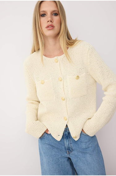 Ecru Textured Cotton Blend Knit Cardigan