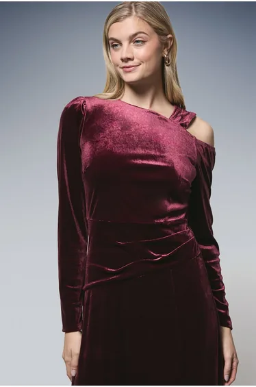 Asymmetric Neck Velvet Midi Dress