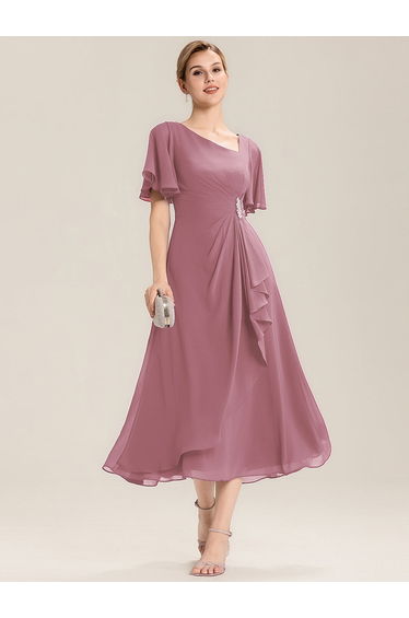 ever LILOU| Pleated Chiffon Ruffle Sleeve Wedding Guest Dress