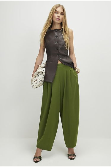 Khaki Balloon Leg Pleated Trousers