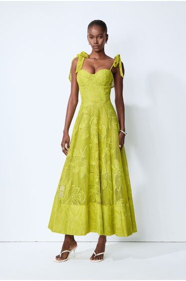 Spring Romance Green Floral Lace Bow Strap Maxi Dress