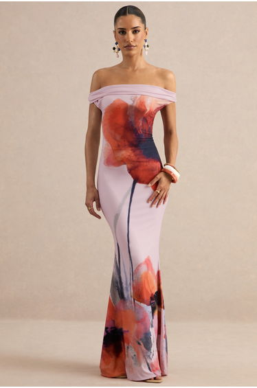 Katia | Pink Poppy Print Bardot-Neck Maxi Dress