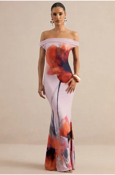 Katia | Pink Poppy Print Bardot-Neck Maxi Dress
