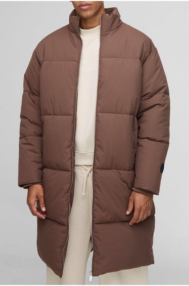 Regular Fit Nylon Funnel Neck Longline Puffer Jacket - chocolate
