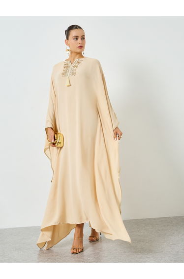 Beige Embroidered Tassel Detail Kaftan