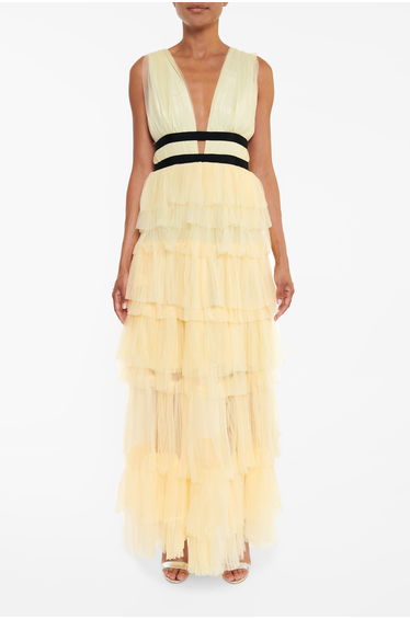 Eliza Pale Yellow Plunging Neck Layered Tulle Skirt Maxi-Dress