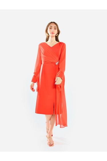 Women Draped Crystal Waist Midi Dress