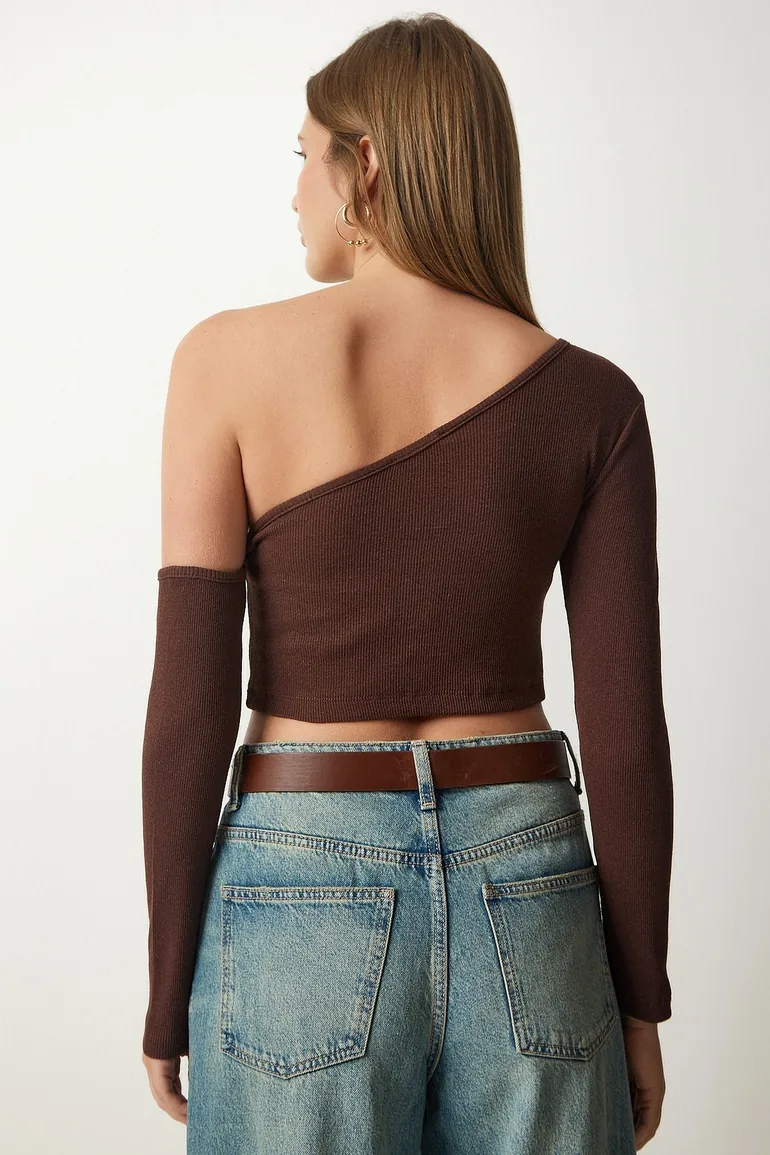 Women's Brown Single Sleeve Ribbed Crop Knitted Blouse - 2