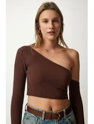 Women's Brown Single Sleeve Ribbed Crop Knitted Blouse - 1