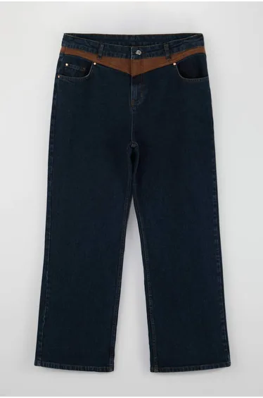 Dark Blue High Waist Suede Detailed Wide Leg Comofrt/Medium Stretch Jeans