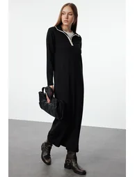 Black Ecru Piping Zippered Knit Dress - 4