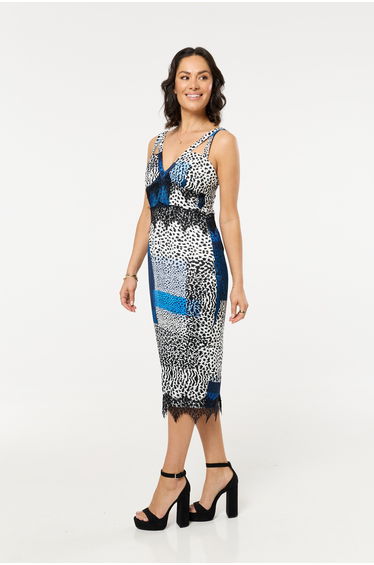 Blue Animal Print Lace Detail Midi Dress