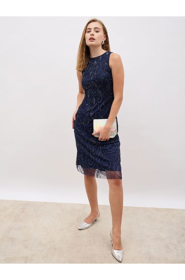 Embellished Sleeveless Sheath Knee-Length Dress