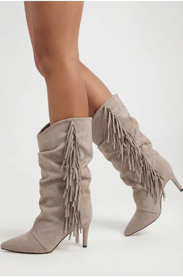 Fringed Slouchy Ruched Ankle Boots - taupe
