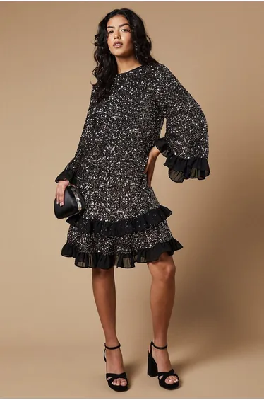 Petite Occasion Sequin Ruffle Swing Dress
