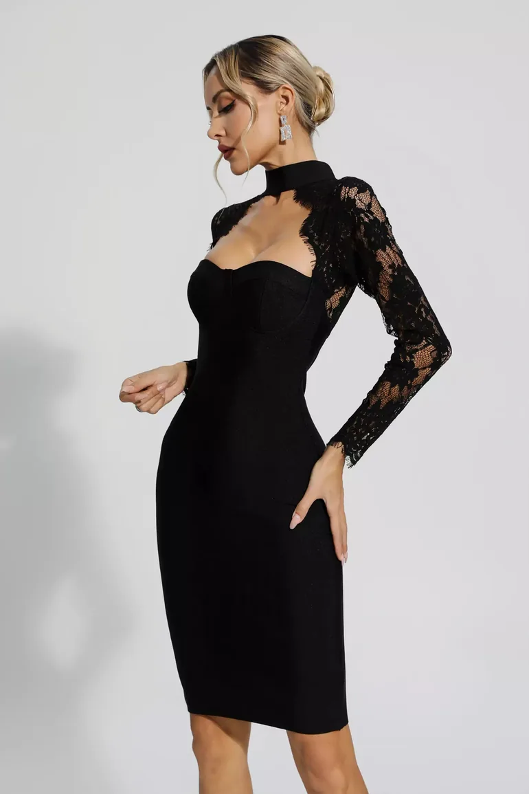 Liv Black Lace Sleeve Bandage Dress - 4