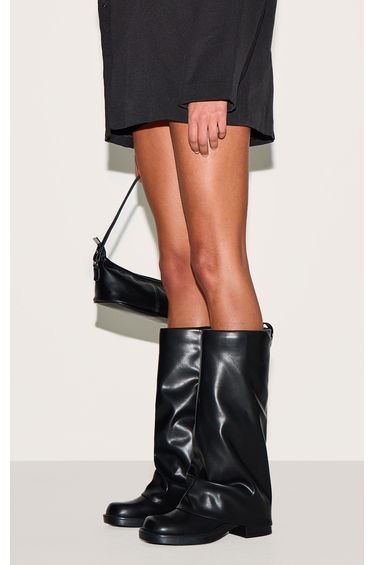 Black Pu Block Heeled Fold Over Knee High Boots
