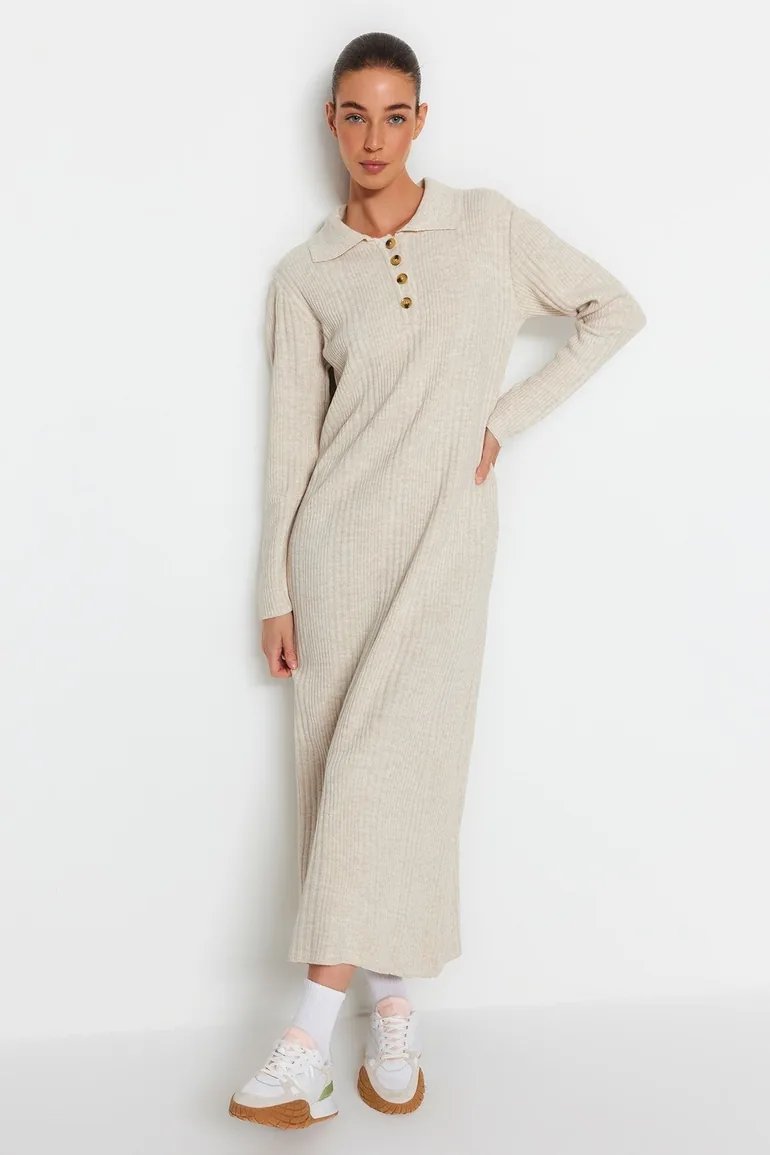Shop Beige Midaxi Jumper Dress with Long Sleeve Online in Iraq
