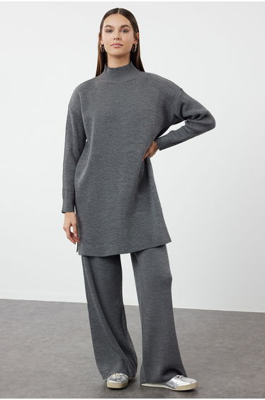 Anthracite Slit Wide Leg Knitwear Lower-Upper Set