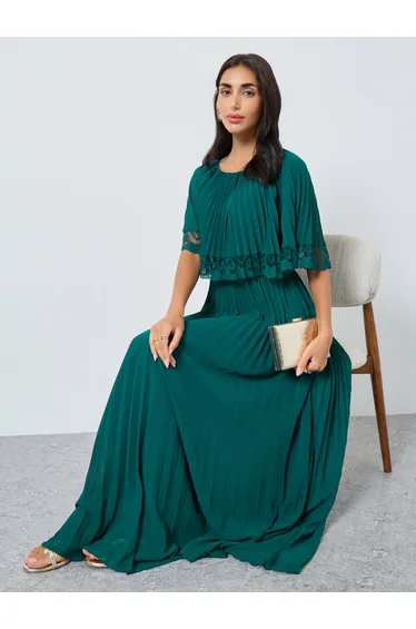 Teal Lace Trim Pleated Maxi Evening Dress