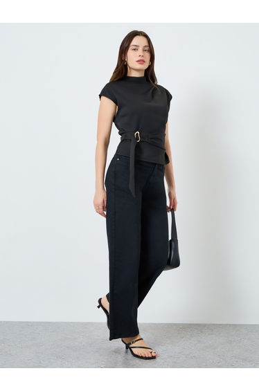 Women Black Mock Neck Blouse with Belt