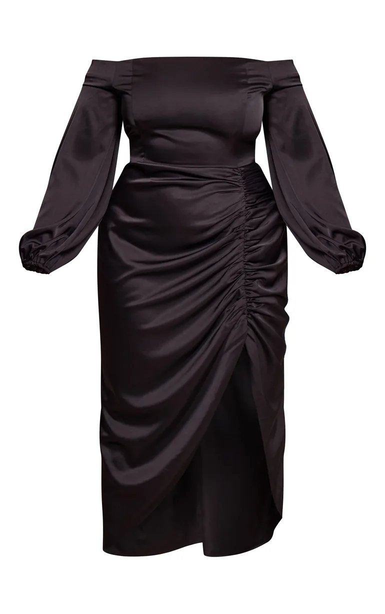 bardot ruched midi dress Plus Size Bardot Ruched Detail Midi Dress in Green