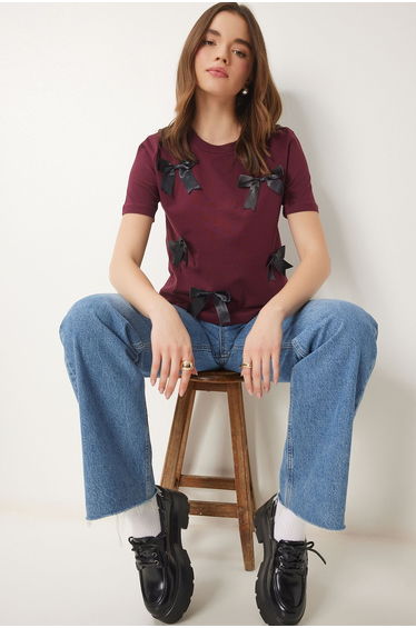 Women's Burgundy Bow Cotton Knit T-Shirt