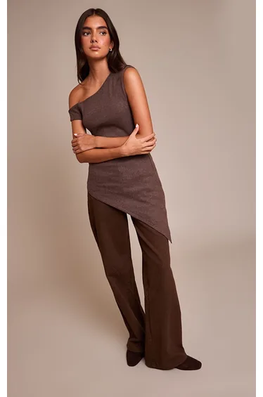 Chocolate Thick Brushed Rib Longline Asymmetric Top