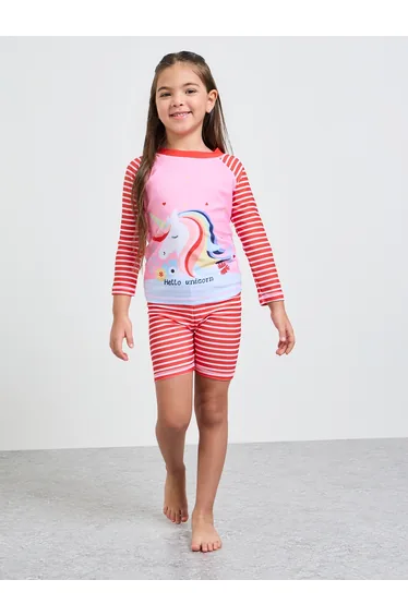 Girls Striped Graphic Print T-Shirt and Swim Shorts Set