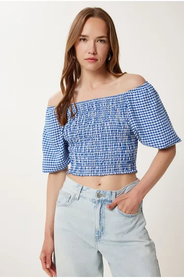 Women's Blue Checkered Carmen Collar Stretchy Crop Linen Blouse