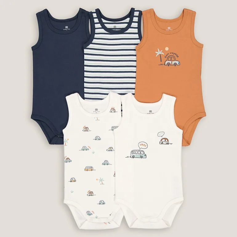 Pack of 5 Sleeveless Bodysuits in Cotton