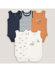 Pack of 5 Sleeveless Bodysuits in Cotton