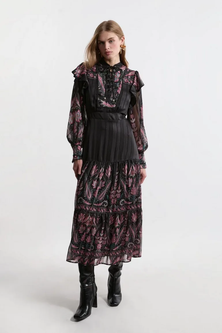 Petite Boho Floral Woven Midaxi Dress With Lace Front Detail